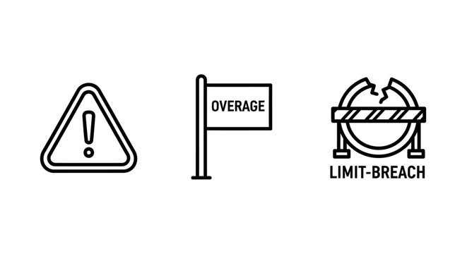 Set of warning and limit breach icons including caution triangle symbol overage notification flag broken barrier representing a limit breach incident triangle attention security boundary