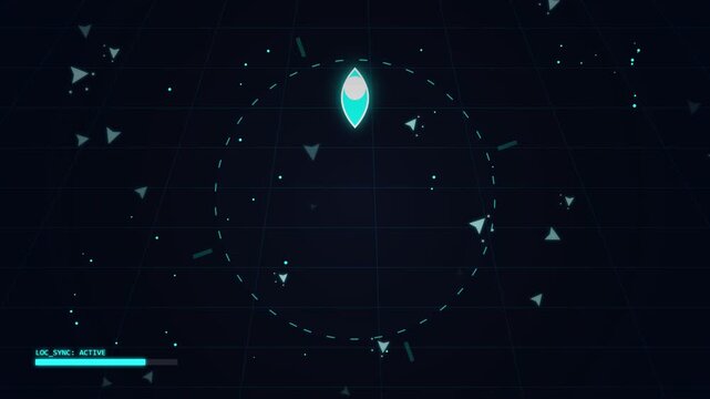 Abstract digital interface with glowing location marker and data particles