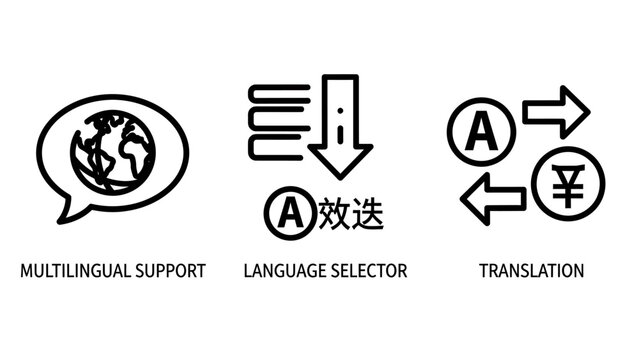 Global communication and language translation icons set featuring multilingual support globe a language selector menu with text currency or letter exchange symbols for localization language