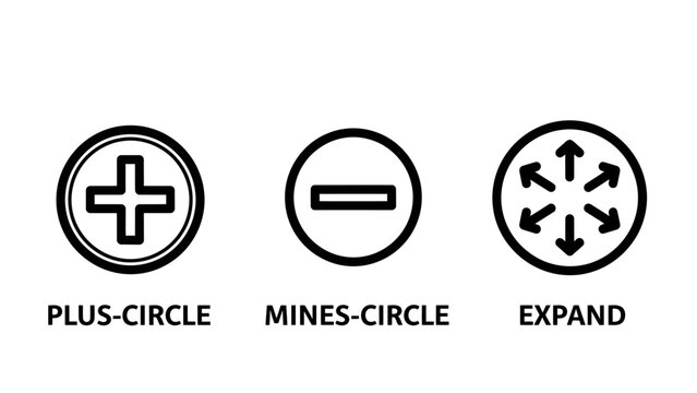 User interface control icons set featuring a plus circle for addition a minus circle for subtraction or reduction an expand icon with four arrows for resizing and full screen views interface