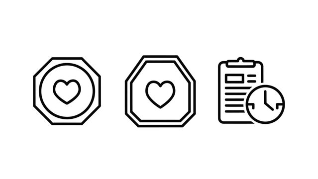 Healthcare and medical monitoring icons representing heart health with geometric badges and a patient clipboard with a clock for medical appointment scheduling and time tracking healthcare clipboard