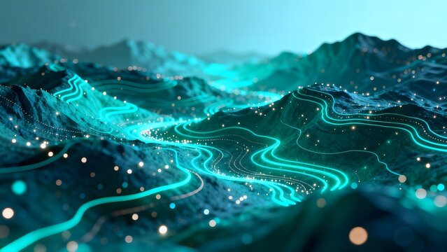 Digital mountain landscape with glowing lines