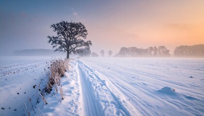Obraz premium Snowy landscape with a lone tree and a path leading through a winter field
