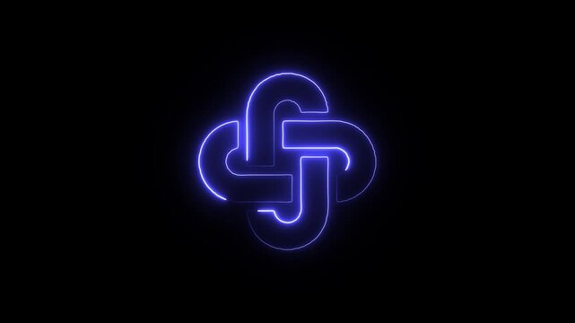 Blue neon interlocking links symbol representing connection on black background bright icon of two linked elements