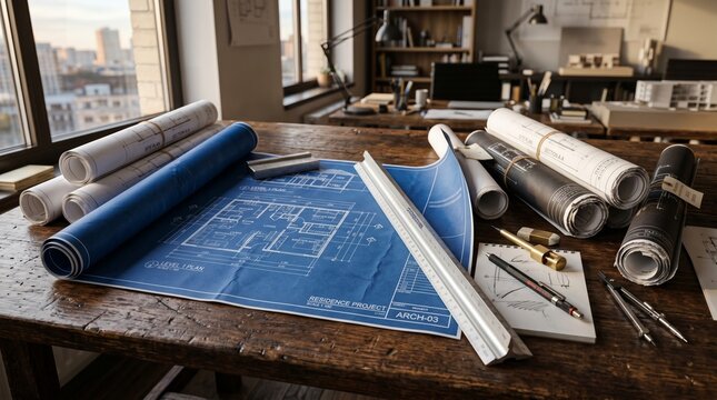 Architect Workspace With Blueprints and Drafting Tools