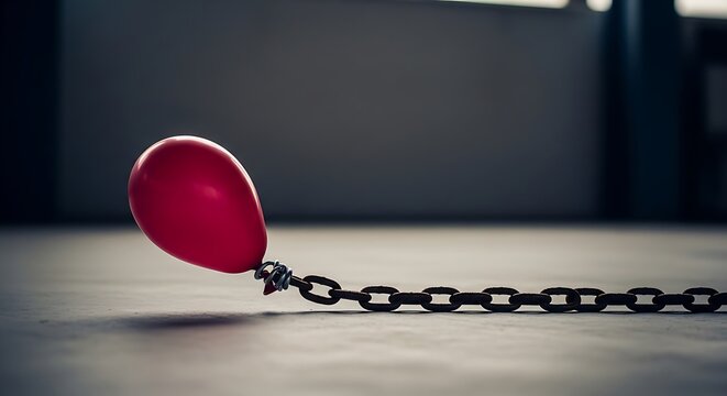 Red balloon tied to a heavy metal chain on a dark floor representing restraint