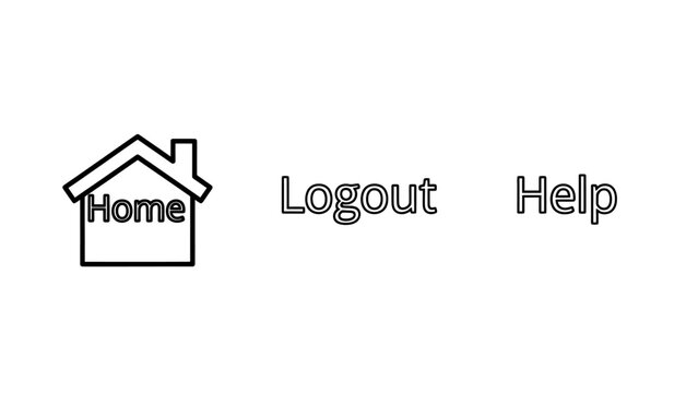 User interface navigation text elements including home house icon logout and help options for web design with navigation interface assistance information minimalist internet dashboard software