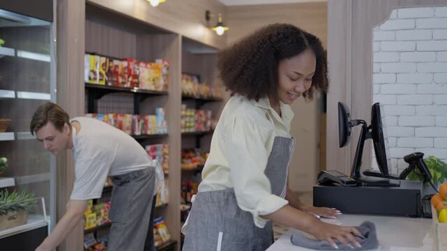 Retail store clerk cleaning counter grocery shop with coworker stocking shelf, supermarket cashier cleaning counter store interior, small business retail worker counter and checkout counter