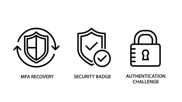 Multi-factor authentication and security verification icons including mfa recovery a verified security badge an authentication challenge padlock thin line security authentication recovery
