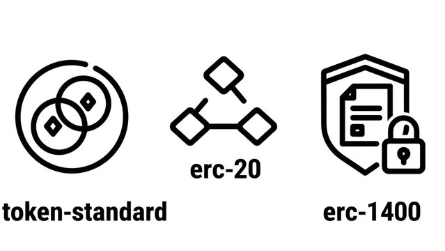 Blockchain token standards erc-20 and erc-1400 icons with blockchain standard cryptocurrency security contract technology decentralized document transaction investment currency protocol