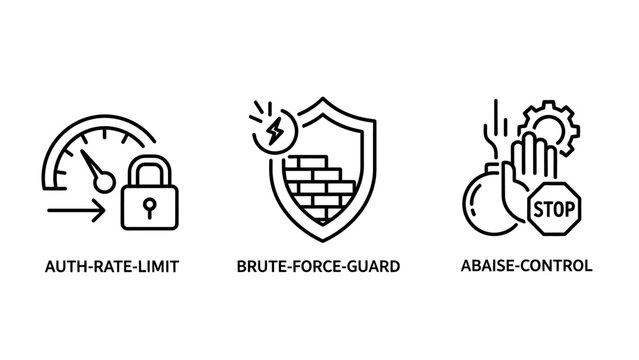 Cybersecurity icons for rate limiting and brute force protection with security firewall protection mitigation monitoring background prevention infrastructure blocking management authenticati