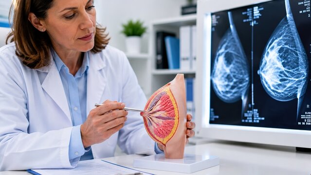 Doctor reviewing breast anatomy model and mammography images for breast cancer screening and diagnosis in medical clinic. Oncology, women&rsquo;s health, tumor detection, healthcare, prevention.