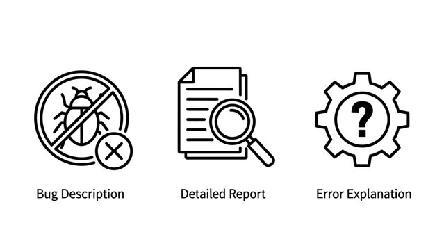 Bug description detailed report error explanation icons with magnifying glass question mark bug icon description detailed explanation software diagnosis analysis documentation document