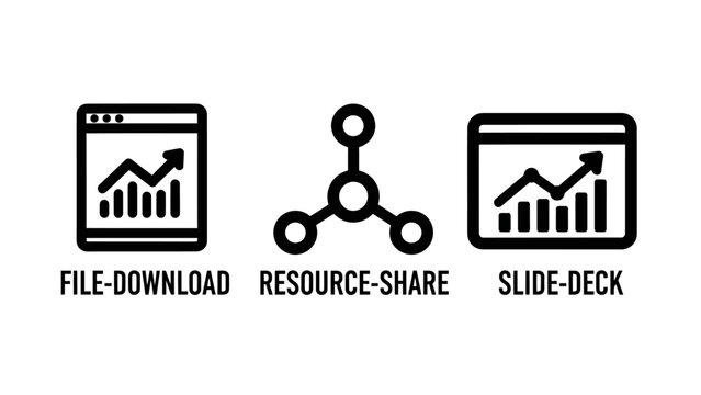 Business reporting and resource sharing vector icons with download presentation analytics business infographic connection transfer technology management marketing statistics information