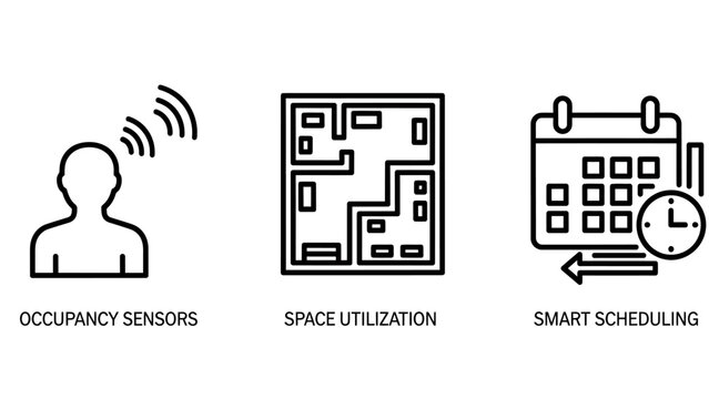 Smart building management system icons set including occupancy sensors space utilization and smart scheduling with occupancy utilization scheduling building management planning efficiency