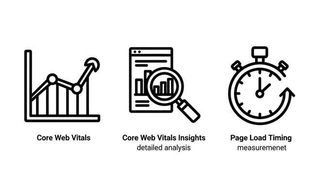 Set of website performance monitoring icons including page speed and core web vitals measurement with performance analytics optimization monitoring magnifying development internet business