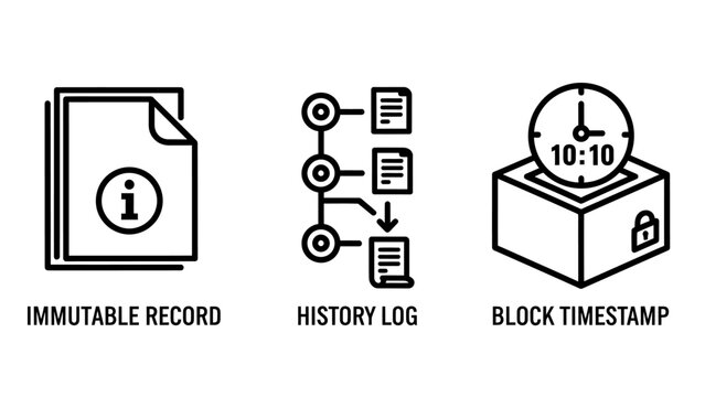 Set of data management and blockchain security icons representing immutable records and timestamps with blockchain security timestamp database document information technology management