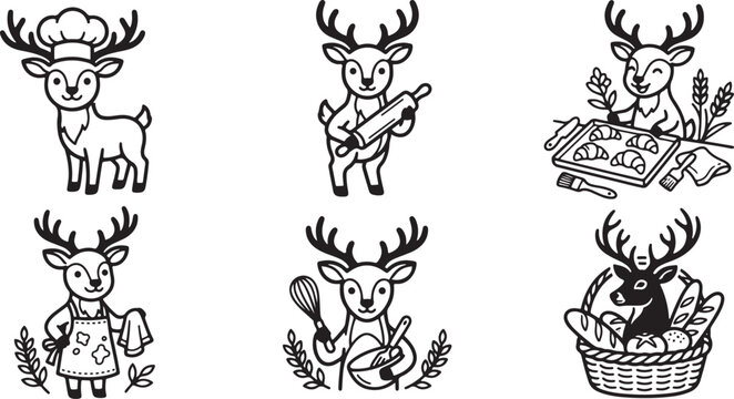 Set of cute black and white deer characters performing various professional bakery and cooking tasks in this artistic vector illustration