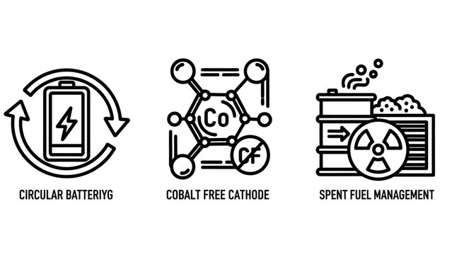 Energy industry and environmental sustainability technical icons with recycling chemistry radioactive sustainability circular management environment industrial technology renewable molecule