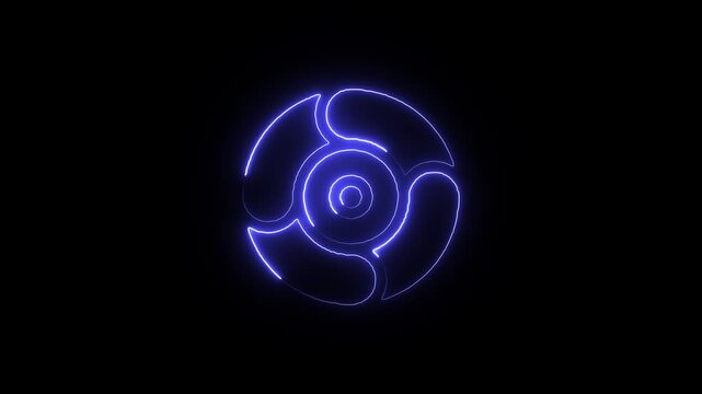 Blue neon glowing abstract swirling circular logo on black background an emblem with a glow