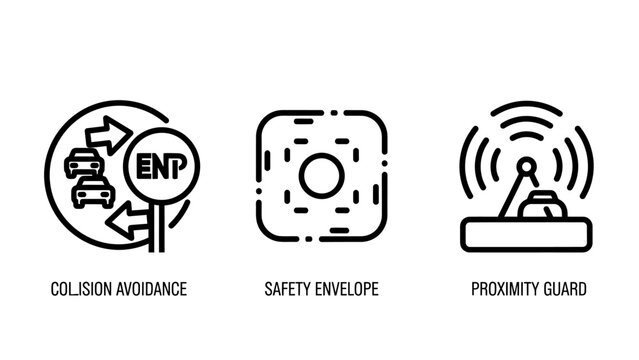 Industrial automation safety icons set featuring collision avoidance safety envelope and proximity guard industrial automation collision avoidance proximity envelope robotics manufacturing