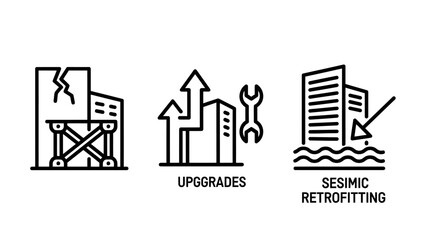 Fototapeta premium Building improvement icons: seismic retrofitting upgrades damaged structure with building improvement upgrades construction renovation earthquake reinforcement structure architecture disaster