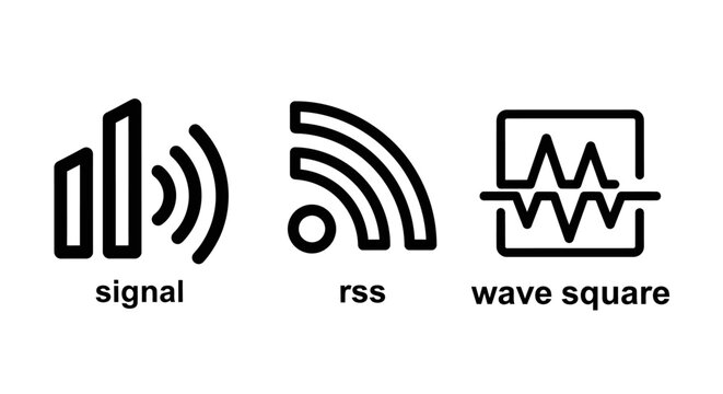 Signal and waveform icons: audio signal rss feed square wave with radio waves data transmission sound wave frequency wireless internet technology electronics communication waveform broadcast