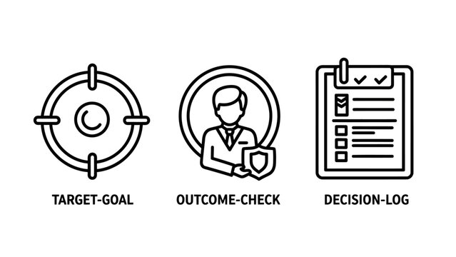 Business performance monitoring icons illustrating target goals outcome checks and decision logs with decision making business management performance decision strategy planning analysis