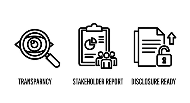 Business transparency and disclosure icons representing stakeholder reporting and security clearance with transparency stakeholder disclosure security business corporate governance compliance