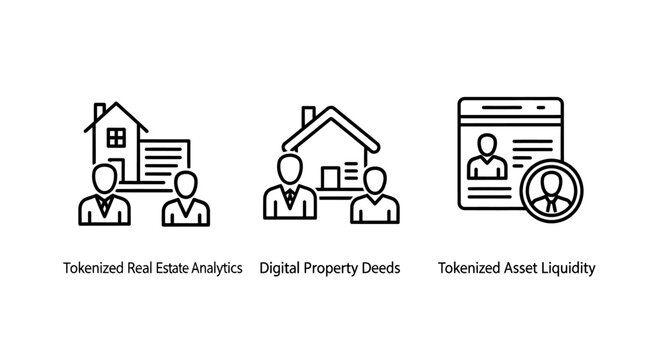 Blockchain real estate and tokenized asset management icons showing digital deeds and ownership with blockchain tokenized liquidity property ownership technology cryptocurrency investment