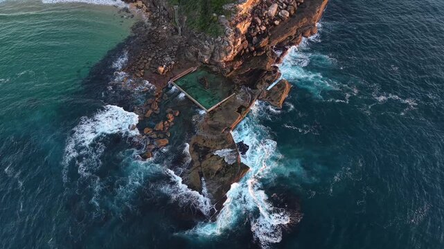 Aerial view of North Curl Curl rock pool in the morning, Sydney, Australia.