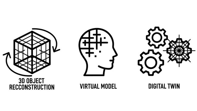 Technology icons illustrating 3D object reconstruction virtual modeling digital twin concepts technology reconstruction artificial intelligence engineering analysis simulation innovation