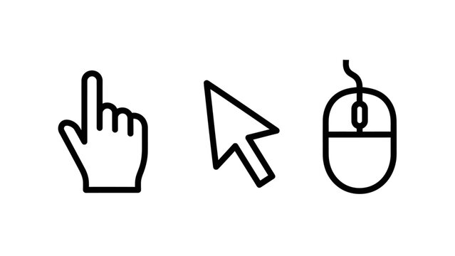 Computer interface interaction icons representing cursor selection and mouse clicking with computer interface technology navigation software browsing pointing hardware electronics application