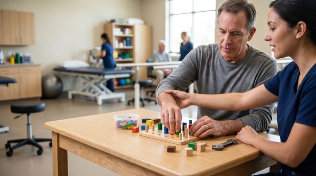 Occupational therapist helps patient practice hand therapy after stroke, using small blocks to improve motor skills, coordination and recovery.
