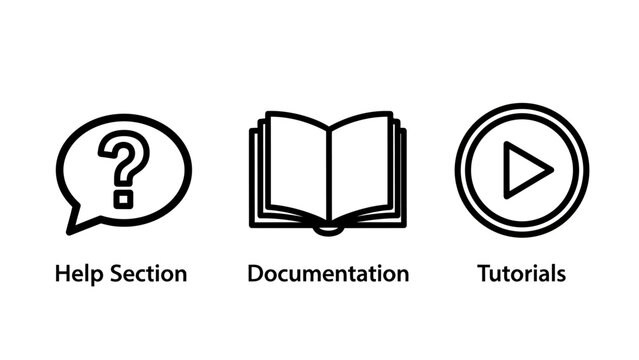 Help support and documentation resource icons featuring faq manual and training documentation tutorial training question information customer assistance learning knowledge resource solution