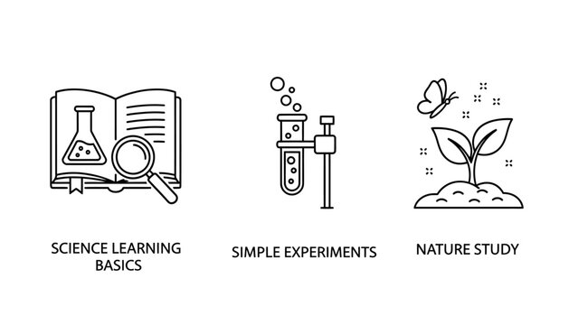 Science education basics and nature study linear icon set with learning experiment education magnifier chemistry research knowledge butterfly discovery academic laboratory glassware