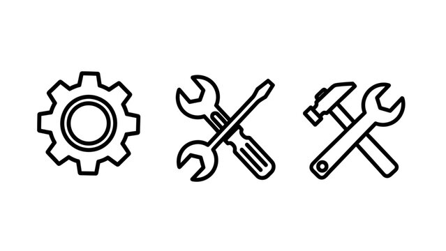 Set of industrial and mechanical tool outline icons featuring gears wrenches hammers mechanic maintenance engineering construction hardware equipment industry technical craftsman workshop