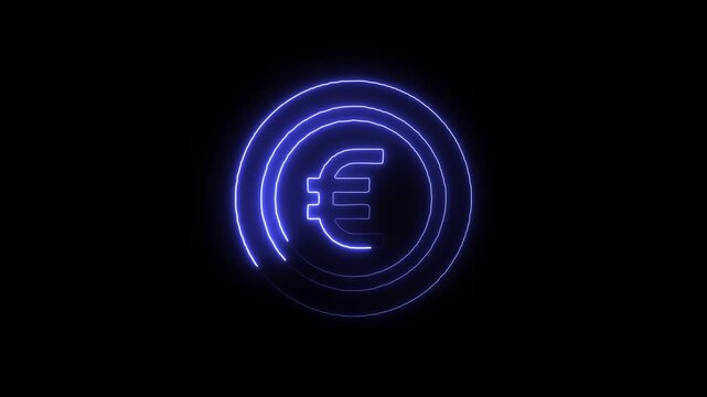 Blue neon glowing euro currency symbol with circular loading progress bar on dark background a bright symbol