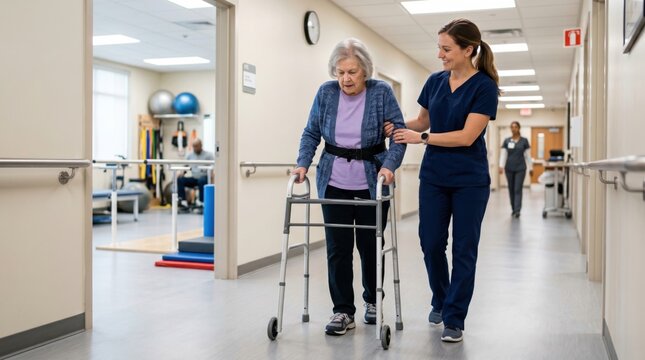 Elderly rehabilitation session in medical corridor, communicating assisted walking, fall prevention, physiotherapy support and recovery progress.
