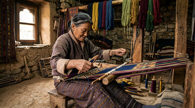 Elderly woman weaving traditional textile on a loom in a rustic workshop, natural light