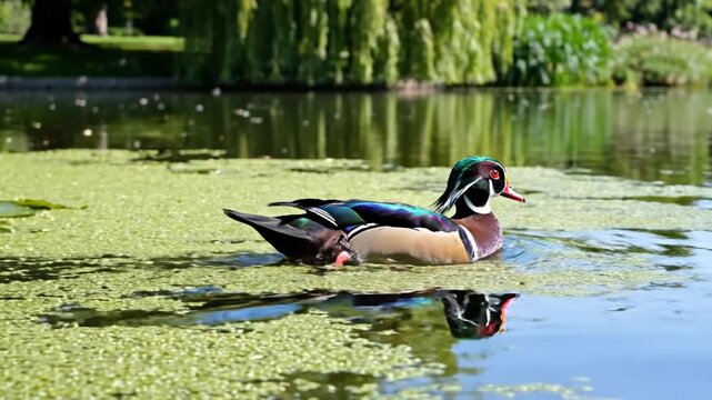 Colorful wood duck floating on green pond water with foliage