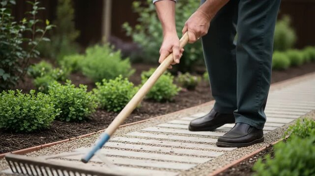 Man raking gravel path surrounded by fresh greenery in garden  