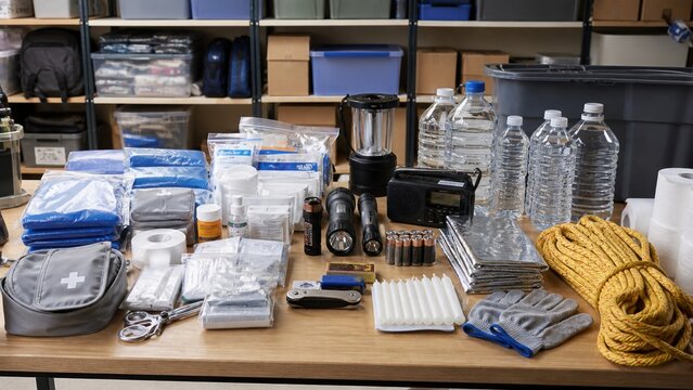 Emergency preparedness supplies arranged on a table in a storage area, showcasing various items for safety and survival needs