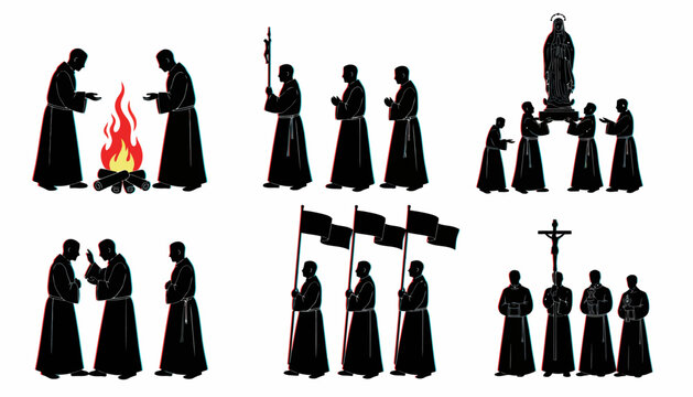 Medieval monks, friars, and clergy vector icons, black silhouettes, religious figures, medieval illustrations, 16 designs