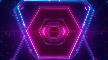 Fototapeta premium Neon hexagons create tunnel illusion. Vibrant pink, blue lights dominate dark background. Futuristic design evokes digital space.