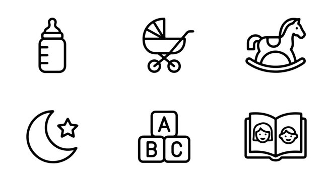 Baby Icons Set: Bottle, Stroller, Rocking Horse, Moon, ABC Blocks, Storybook, Childhood, Parenting, Newborn Essentials