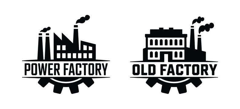 Black industrial power factory and old factory logo badges vector illustrations incorporating smoking chimneys smoke stacks and mechanical gear wheel shapes