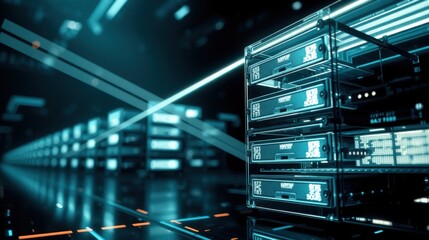 Fototapeta premium Data center rows extend into darkness. Blue lighting highlights server racks, creating futuristic tunnel effect. Technology infrastructure visible.