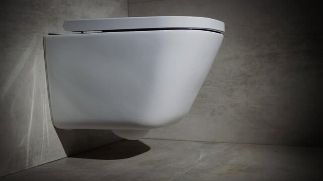 A close up view of an empty wall hung toilet bowl slowly rotating in the bathroom with light and shadows.