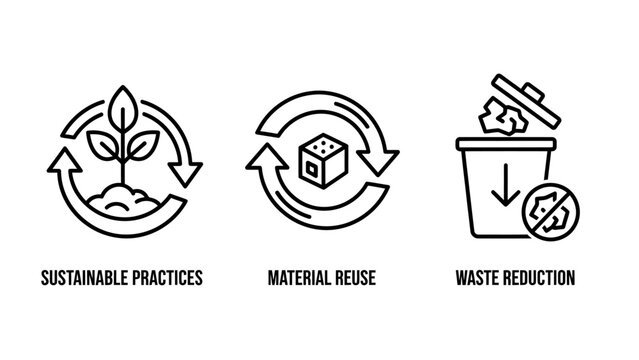 Sustainability icons: growing plant material reuse waste reduction with white background resource management circular economy sustainability practices material recycling reduction environment